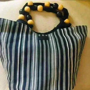 La Vie En Rose black and white striped cotton canvas tote. Wooden Beaded handles